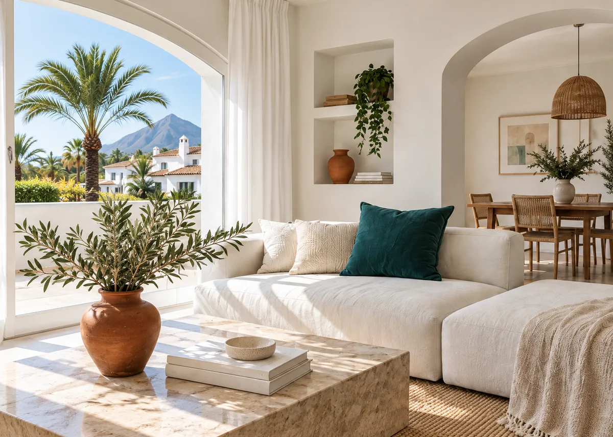 Illustrative sunlit Mediterranean living room with freshly arranged cushions