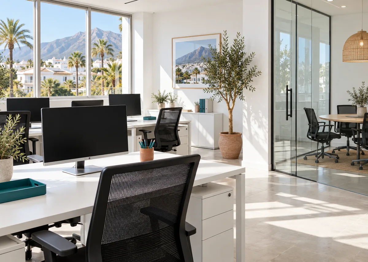 Illustrative clean local office with white desks and glass meeting room
